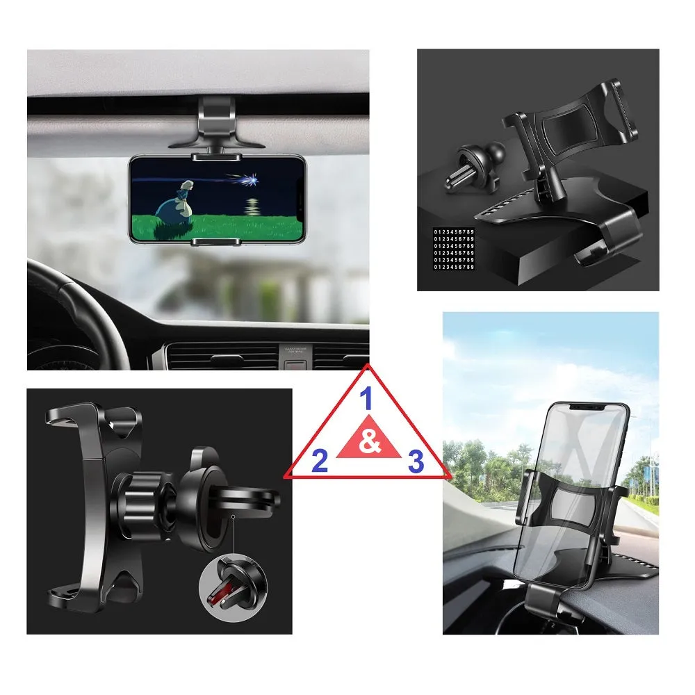 3 in 1 Car GPS Smartphone Holder: Dashboard / Visor Clamp   AC Grid Clip for Intex cloud Force - Black