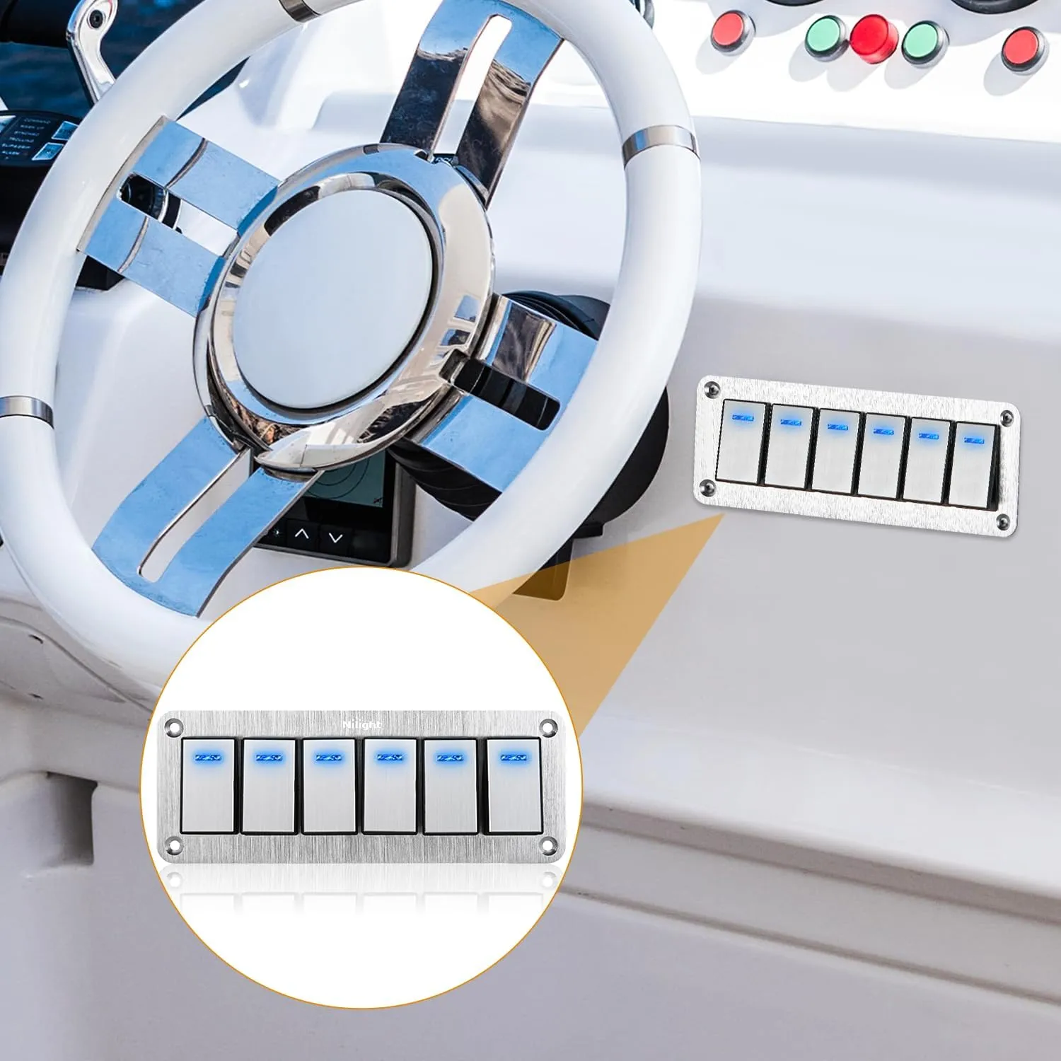 6Gang Aluminum 3Pin ON/Off Blue Led Rocker Switch Panel