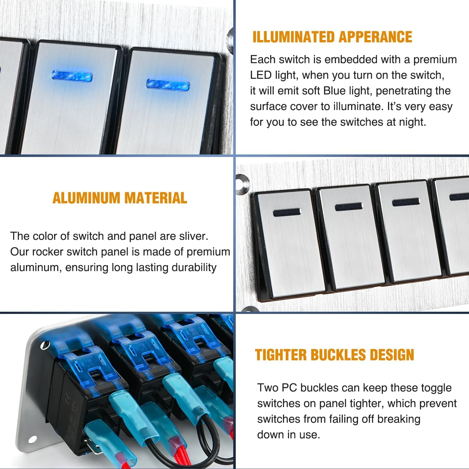 6Gang Aluminum 3Pin ON/Off Blue Led Rocker Switch Panel