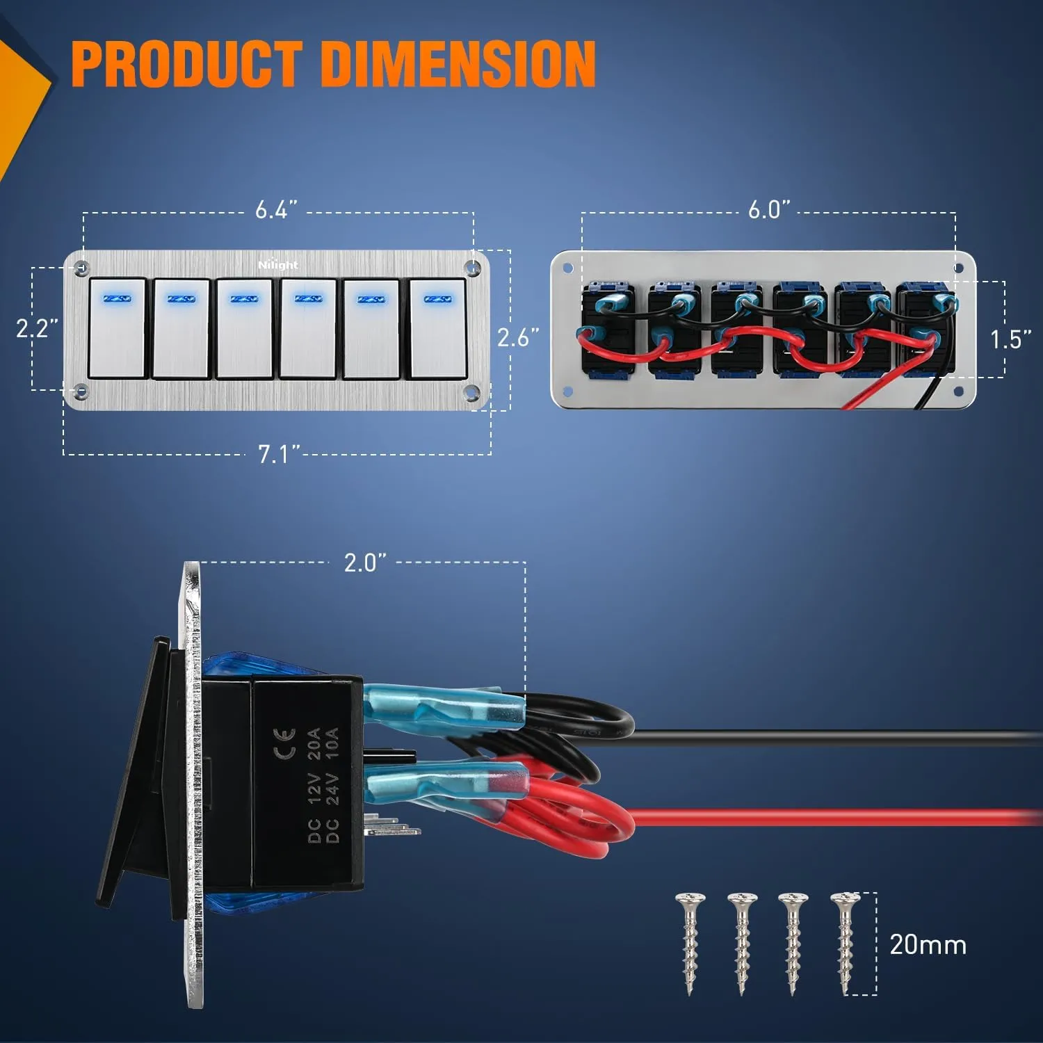 6Gang Aluminum 3Pin ON/Off Blue Led Rocker Switch Panel