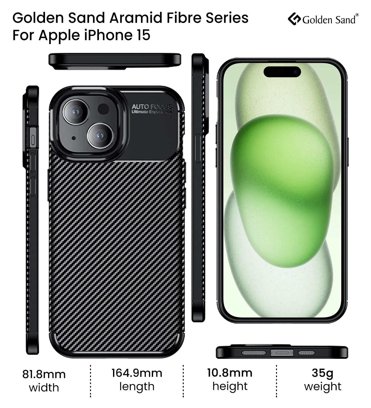 Aramid Fibre Series Shockproof Armor Back Cover for Apple iPhone 15, 6.1 inch, Black