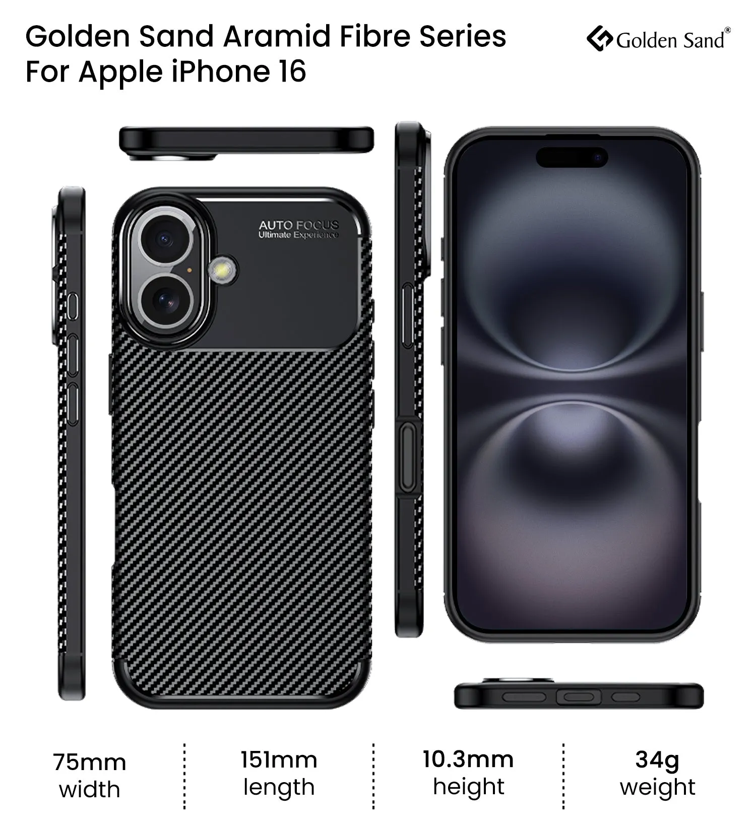 Aramid Fibre Series Shockproof Armor Back Cover for Apple iPhone 16, 6.1 inch, Black