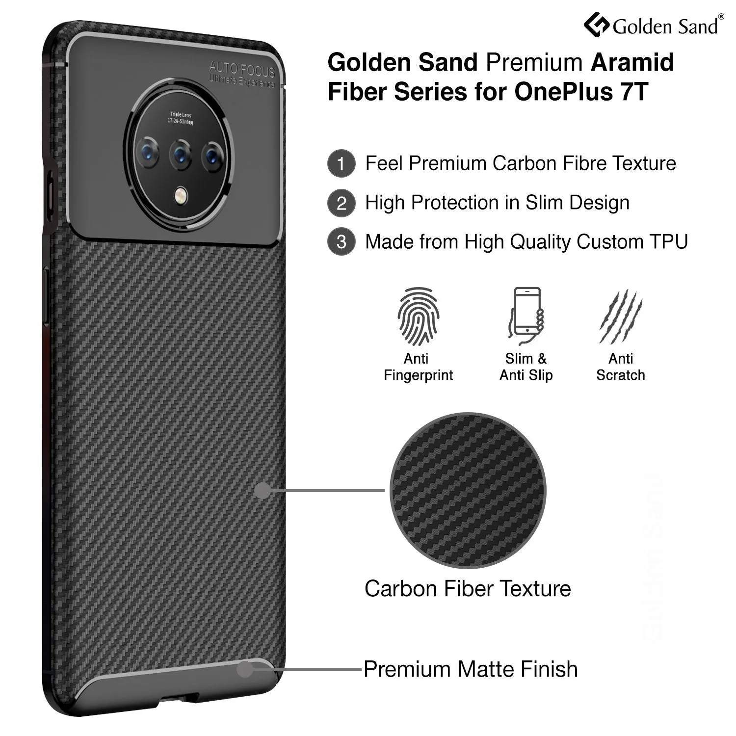Aramid Fibre Series Shockproof Armor Back Cover for One Plus 7T 6.5 inch, Black