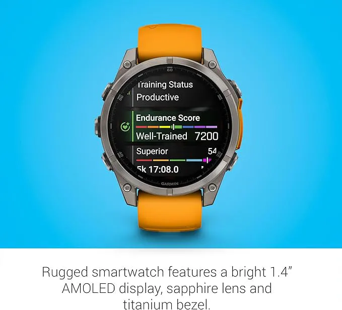 Garmin fēnix 8 Unisex Titanium with Spark Orange/Graphite Band Amoled Sapphire Long-Lasting Battery Life Dive-Rated Built-in LED Flashlight 47 Millimeters Premium Multisport GPS Smartwatch - 010-02904-10