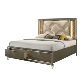 Harvey Queen Bed w/Drawer, LED, Faux Leather & Dark Champagne