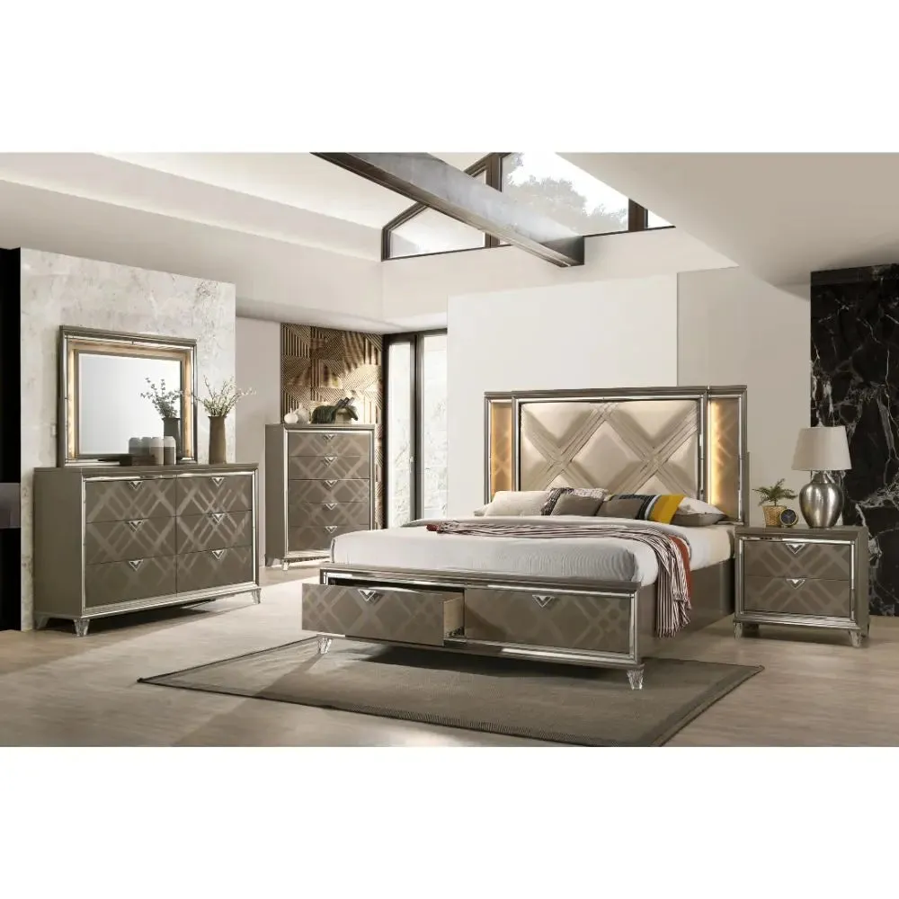 Harvey Queen Bed w/Drawer, LED, Faux Leather & Dark Champagne
