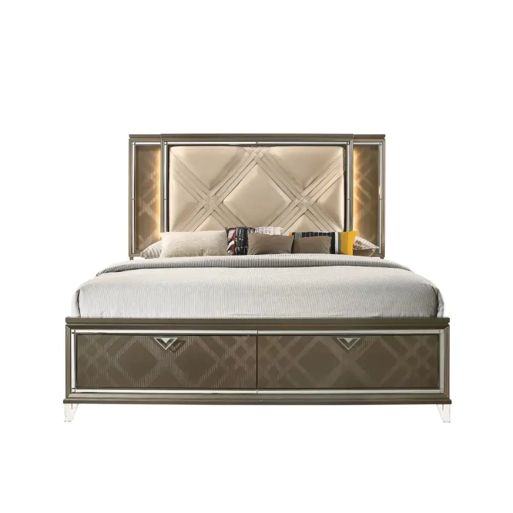 Harvey Queen Bed w/Drawer, LED, Faux Leather & Dark Champagne