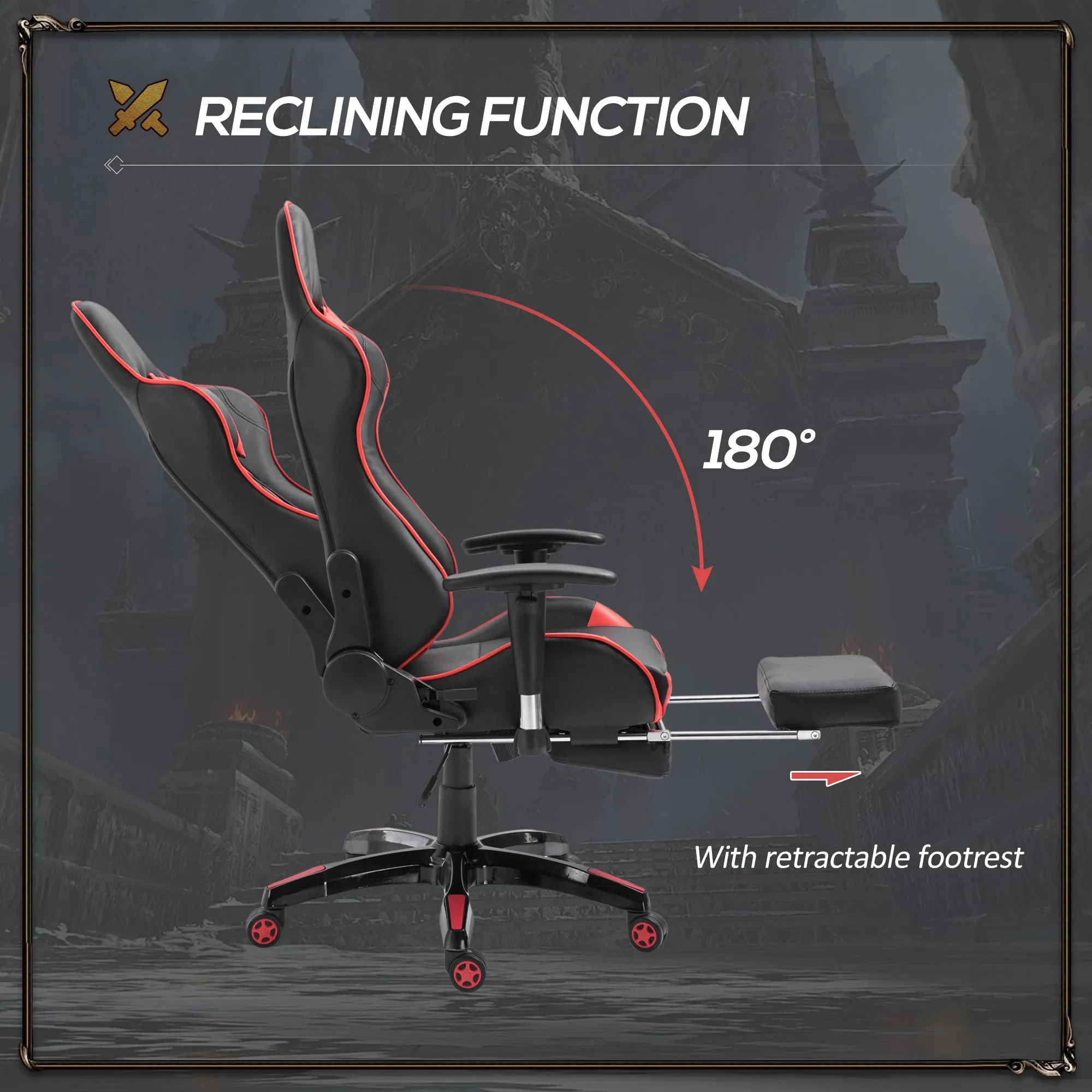 High-Back Gaming Chair Swivel Home Office Computer Racing Gamer Recliner Chair Faux Leather with Footrest, Wheels, Red Black
