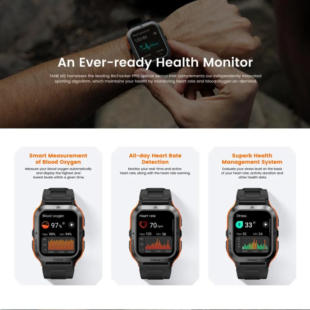 Kospet Tank M2 Military Smart Watch Black x Orange Metal Case With Black Silicone Rubber Strap