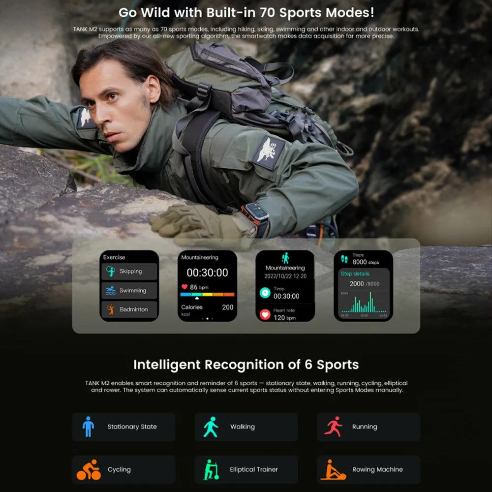 Kospet Tank M2 Military Smart Watch Black x Orange Metal Case With Black Silicone Rubber Strap
