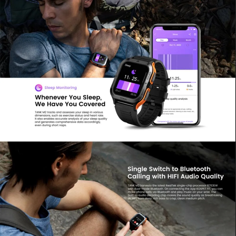 Kospet Tank M2 Military Smart Watch Black x Orange Metal Case With Black Silicone Rubber Strap