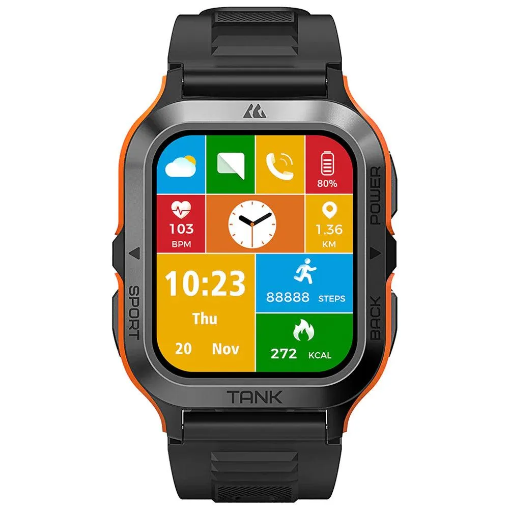 Kospet Tank M2 Military Smart Watch Black x Orange Metal Case With Black Silicone Rubber Strap