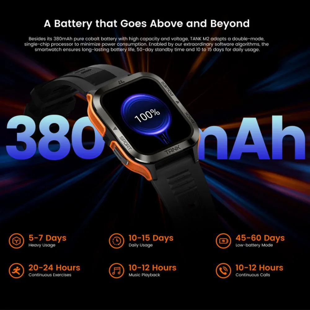 Kospet Tank M2 Military Smart Watch Black x Orange Metal Case With Black Silicone Rubber Strap