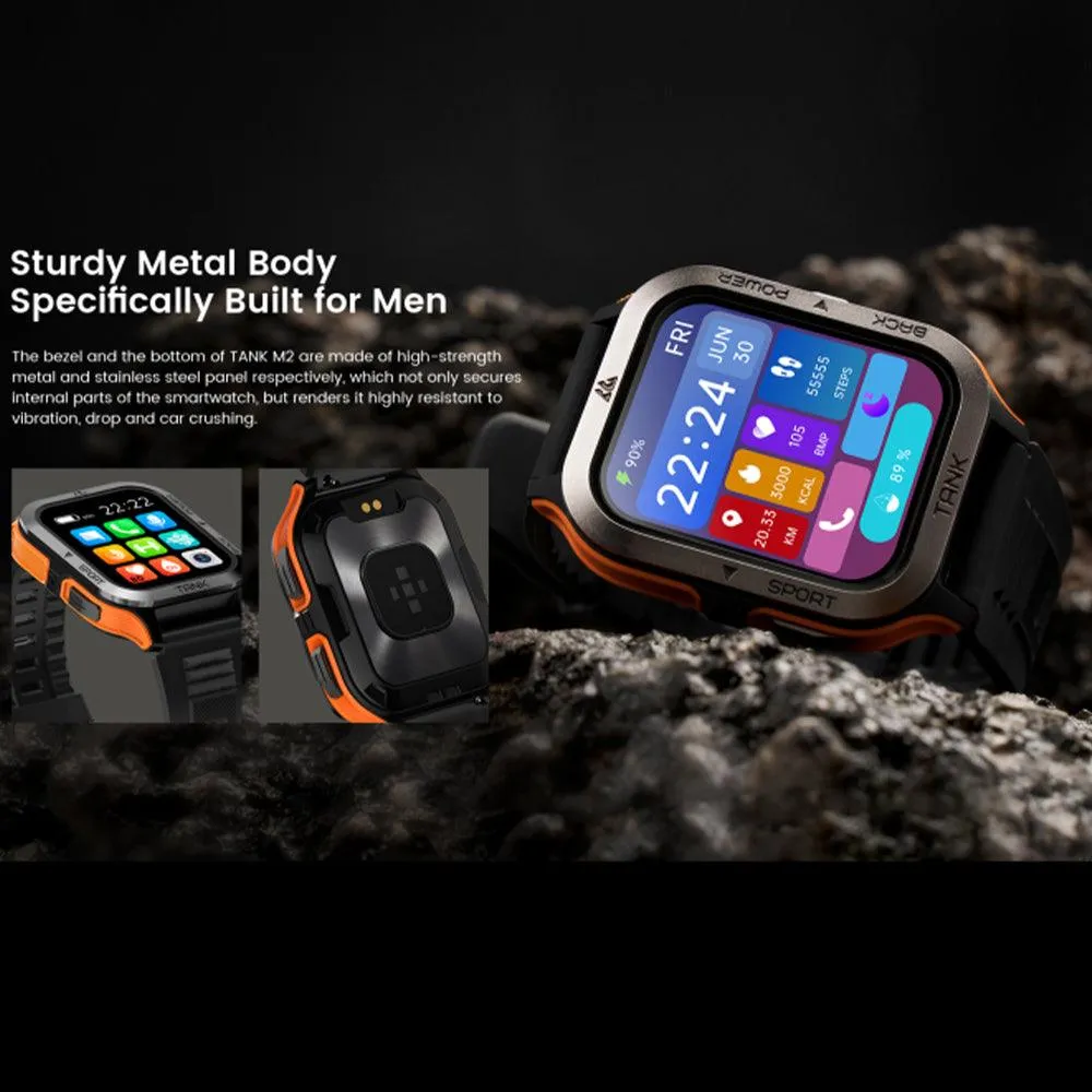 Kospet Tank M2 Military Smart Watch Black x Orange Metal Case With Black Silicone Rubber Strap