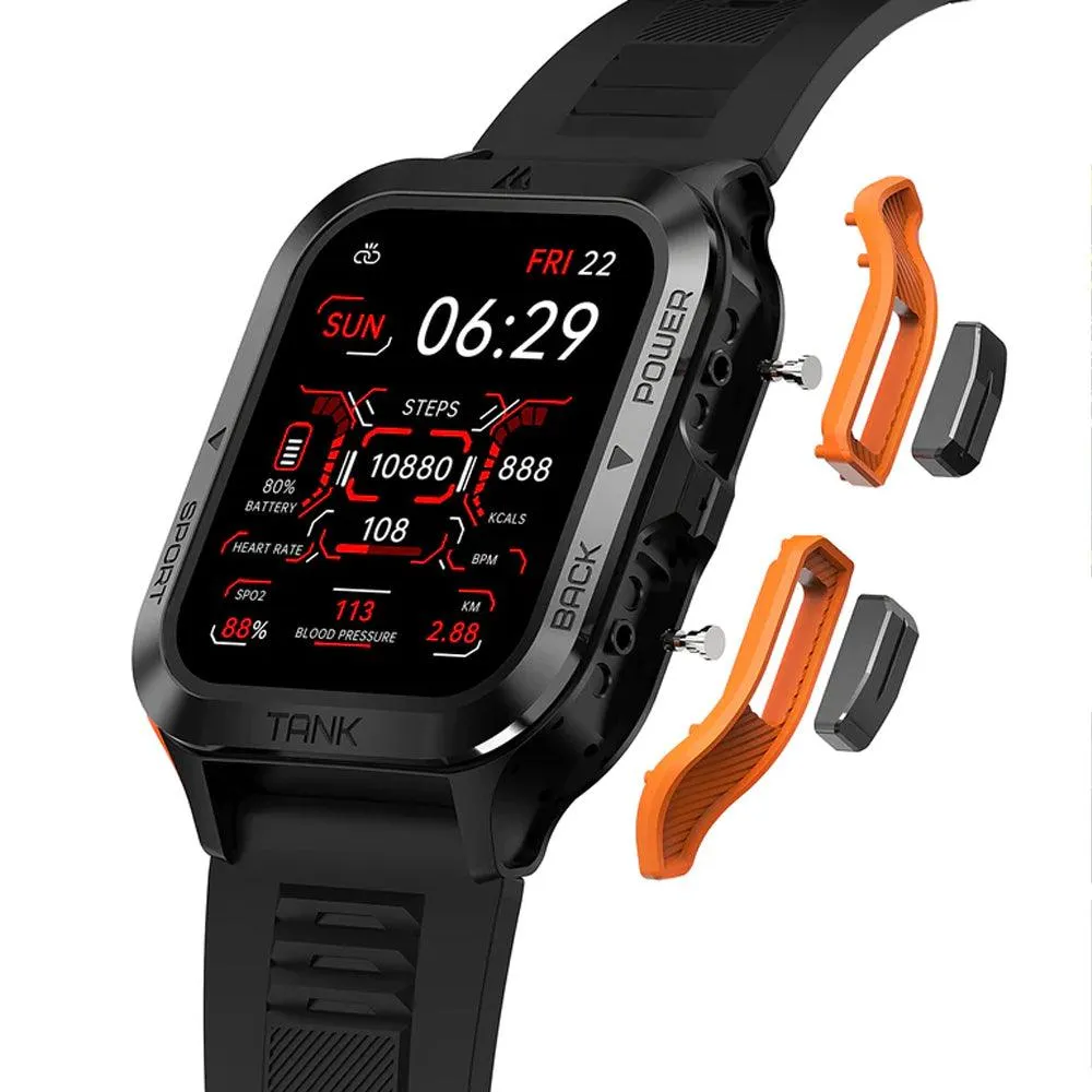 Kospet Tank M2 Military Smart Watch Black x Orange Metal Case With Black Silicone Rubber Strap