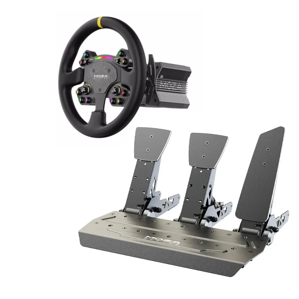 Moza R12 steering wheel, steering wheel base   RS V2 steering wheel, black   3 SR-P pedals, black