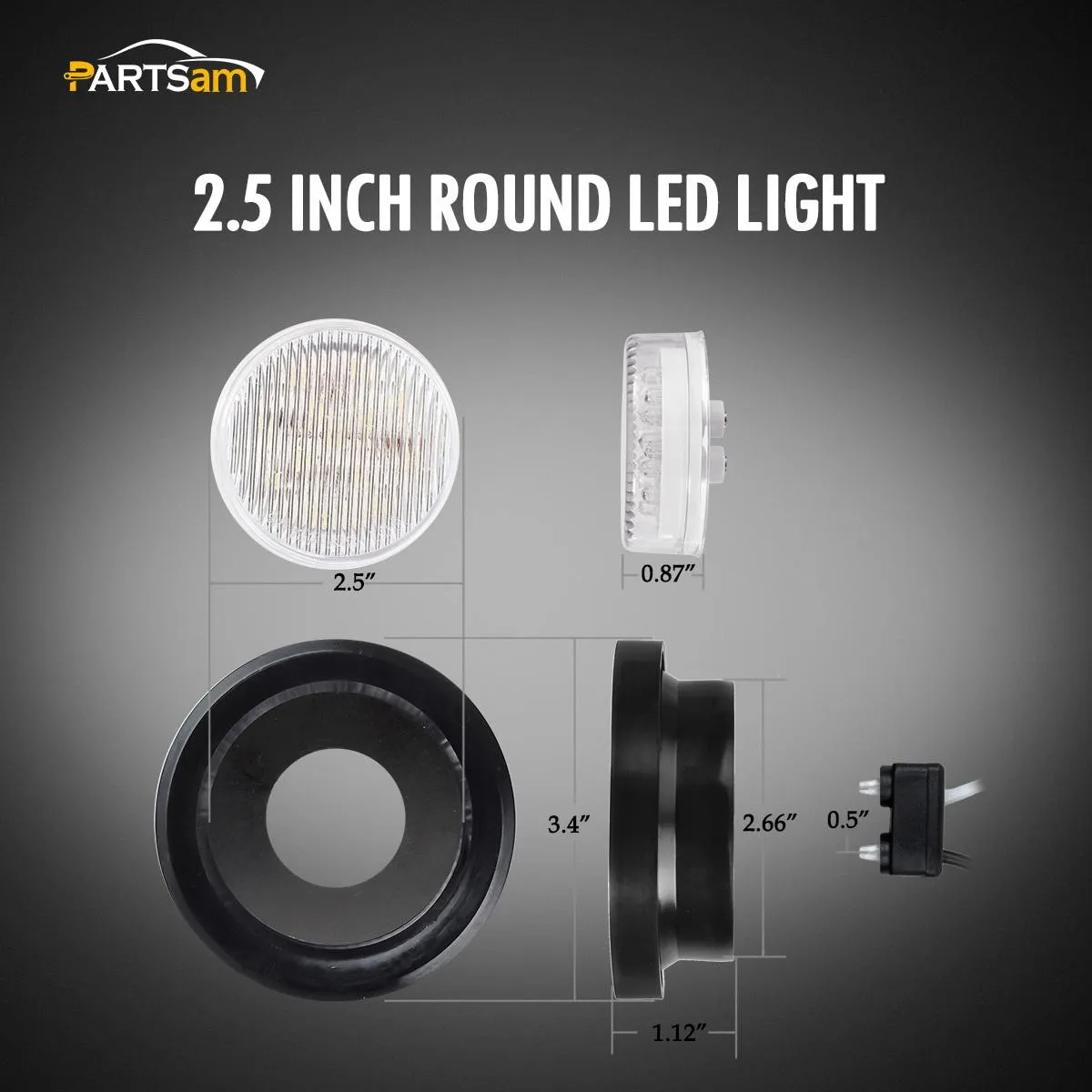Partsam 2Pcs 2.5 Inch Round White Led Side Marker and Clearance Lights Reverse Backup Lights 13 Diodes Grommets/Pigtails Waterproof 2.5 Inch Round White Interior Courtesy Light Auxiliary Utility Light