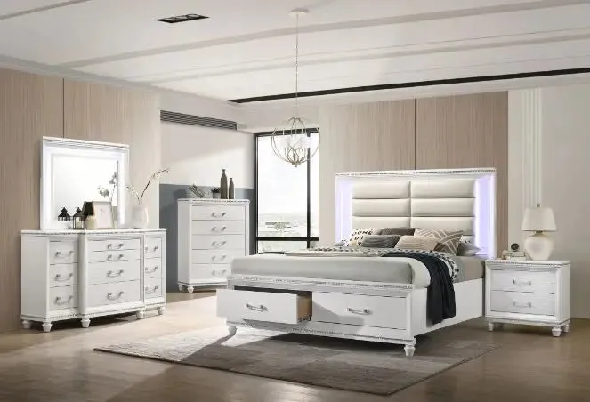 Ricardo King Bed w/Front Drawer, LED, Pearl White Faux Leather & White Finish