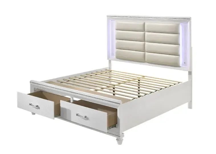 Ricardo King Bed w/Front Drawer, LED, Pearl White Faux Leather & White Finish