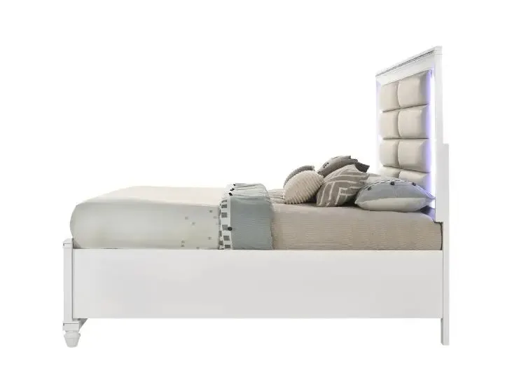 Ricardo King Bed w/Front Drawer, LED, Pearl White Faux Leather & White Finish