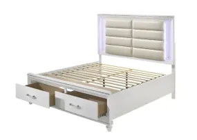 Ricardo King Bed w/Front Drawer, LED, Pearl White Faux Leather & White Finish