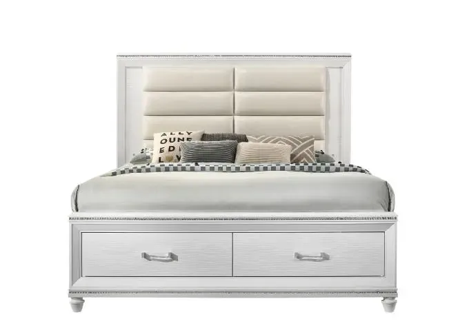 Ricardo King Bed w/Front Drawer, LED, Pearl White Faux Leather & White Finish