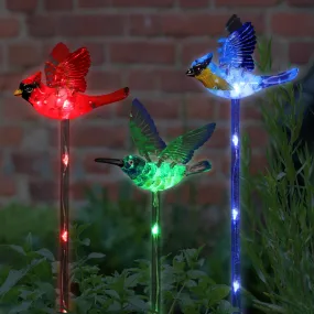 Solar WindyWing Garden Stake Set of Cardinal, Hummingbird and Blue Bird with Colored LED Lights, 4 by 27 Inch