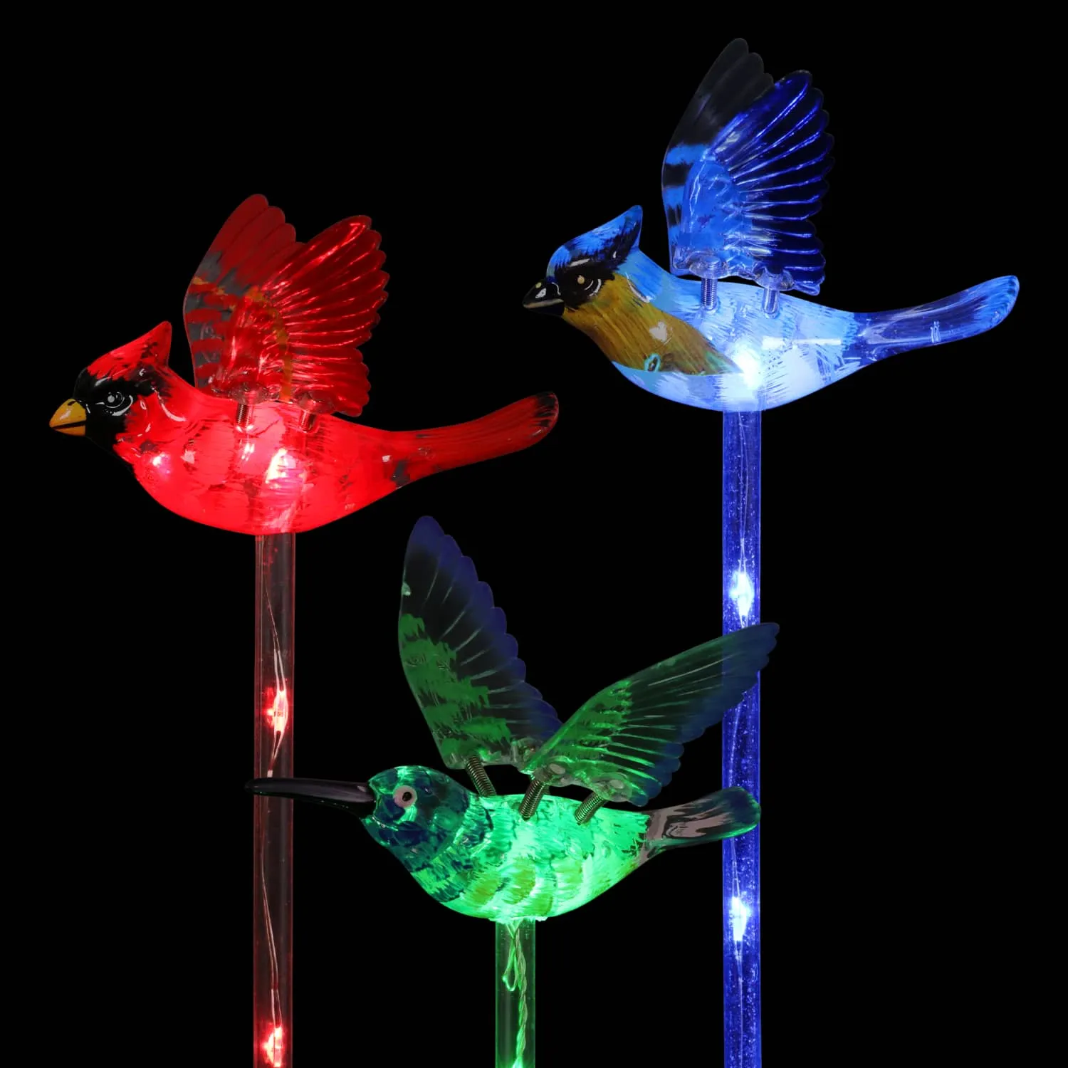 Solar WindyWing Garden Stake Set of Cardinal, Hummingbird and Blue Bird with Colored LED Lights, 4 by 27 Inch