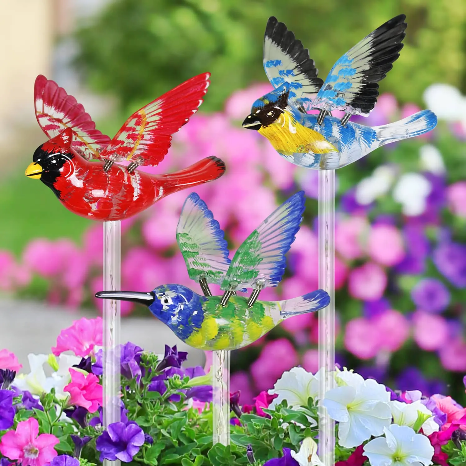 Solar WindyWing Garden Stake Set of Cardinal, Hummingbird and Blue Bird with Colored LED Lights, 4 by 27 Inch