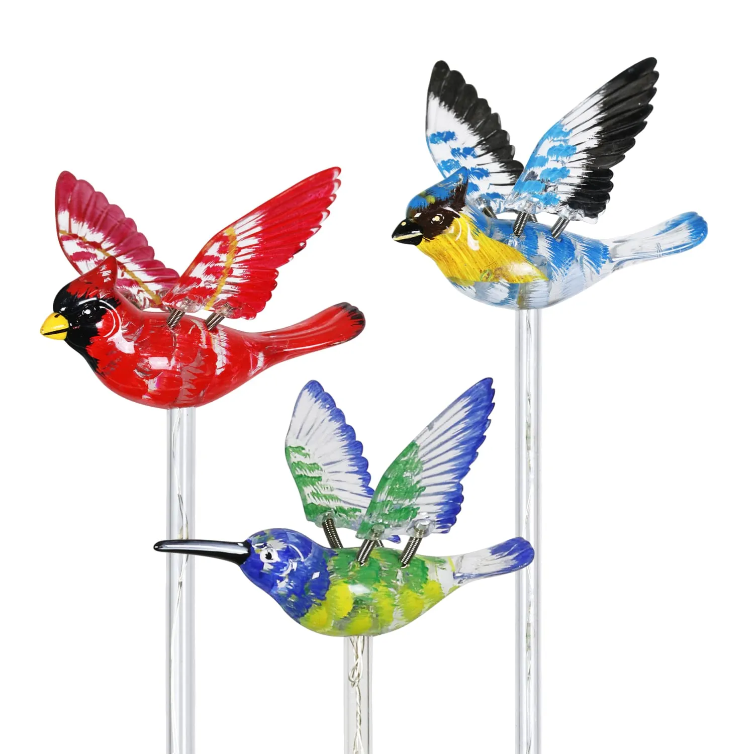 Solar WindyWing Garden Stake Set of Cardinal, Hummingbird and Blue Bird with Colored LED Lights, 4 by 27 Inch