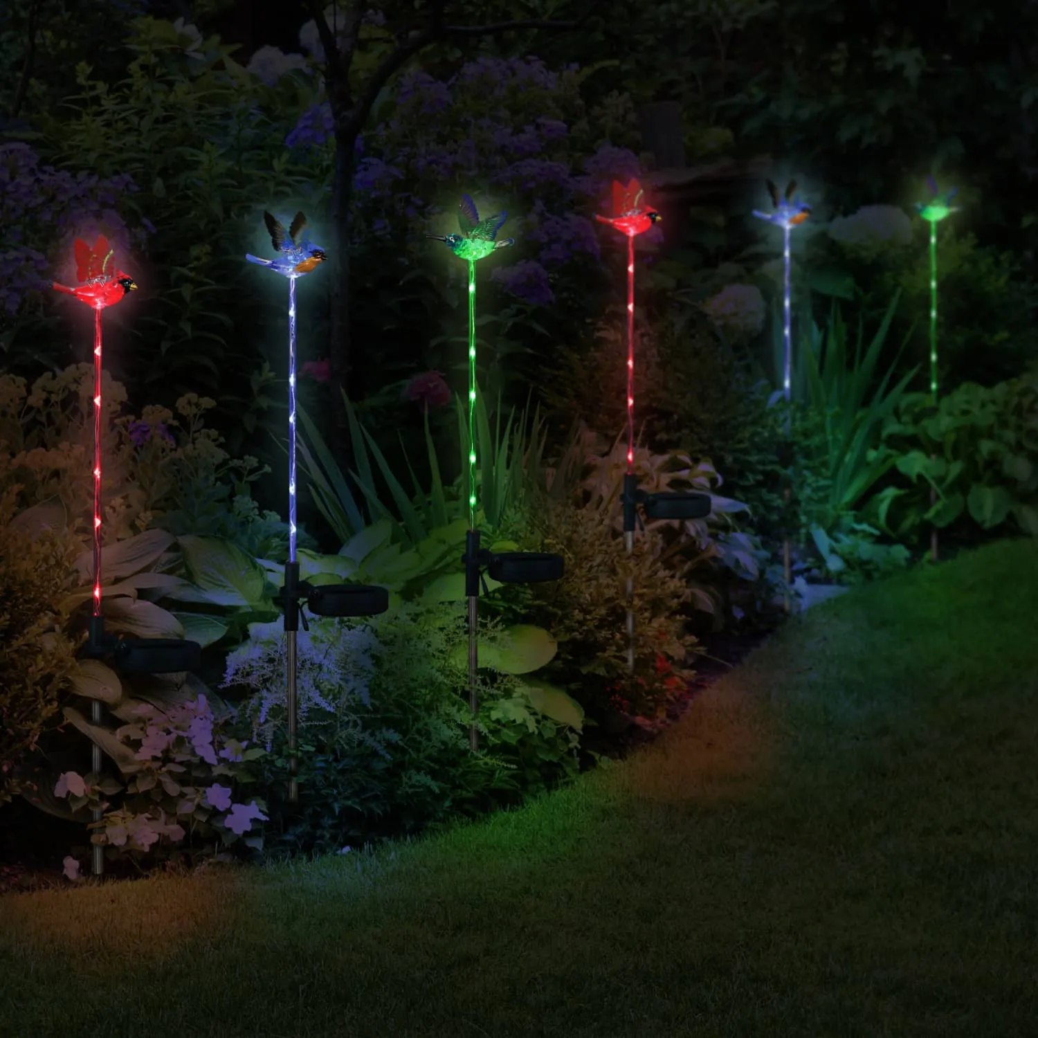 Solar WindyWing Garden Stake Set of Cardinal, Hummingbird and Blue Bird with Colored LED Lights, 4 by 27 Inch
