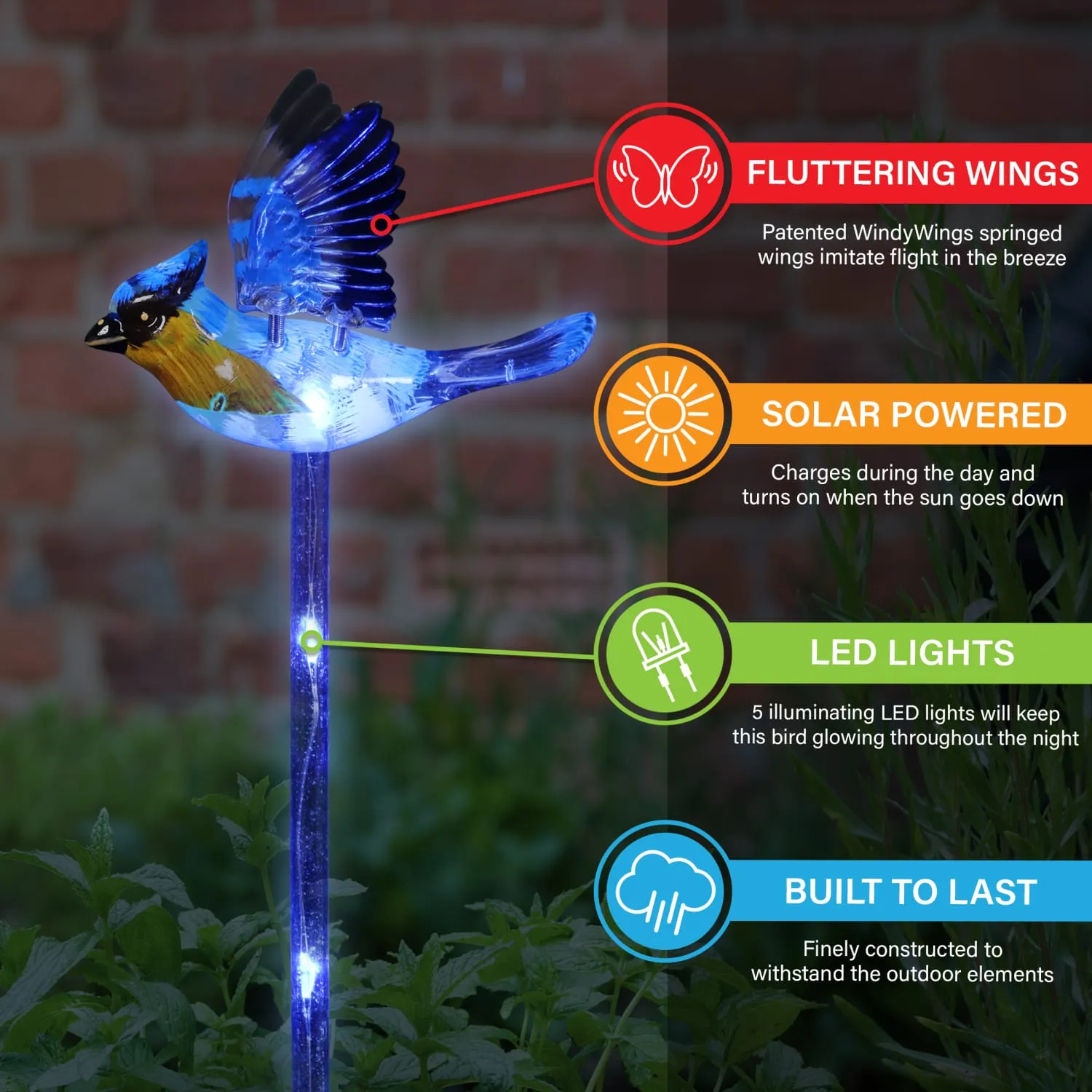 Solar WindyWing Garden Stake Set of Cardinal, Hummingbird and Blue Bird with Colored LED Lights, 4 by 27 Inch