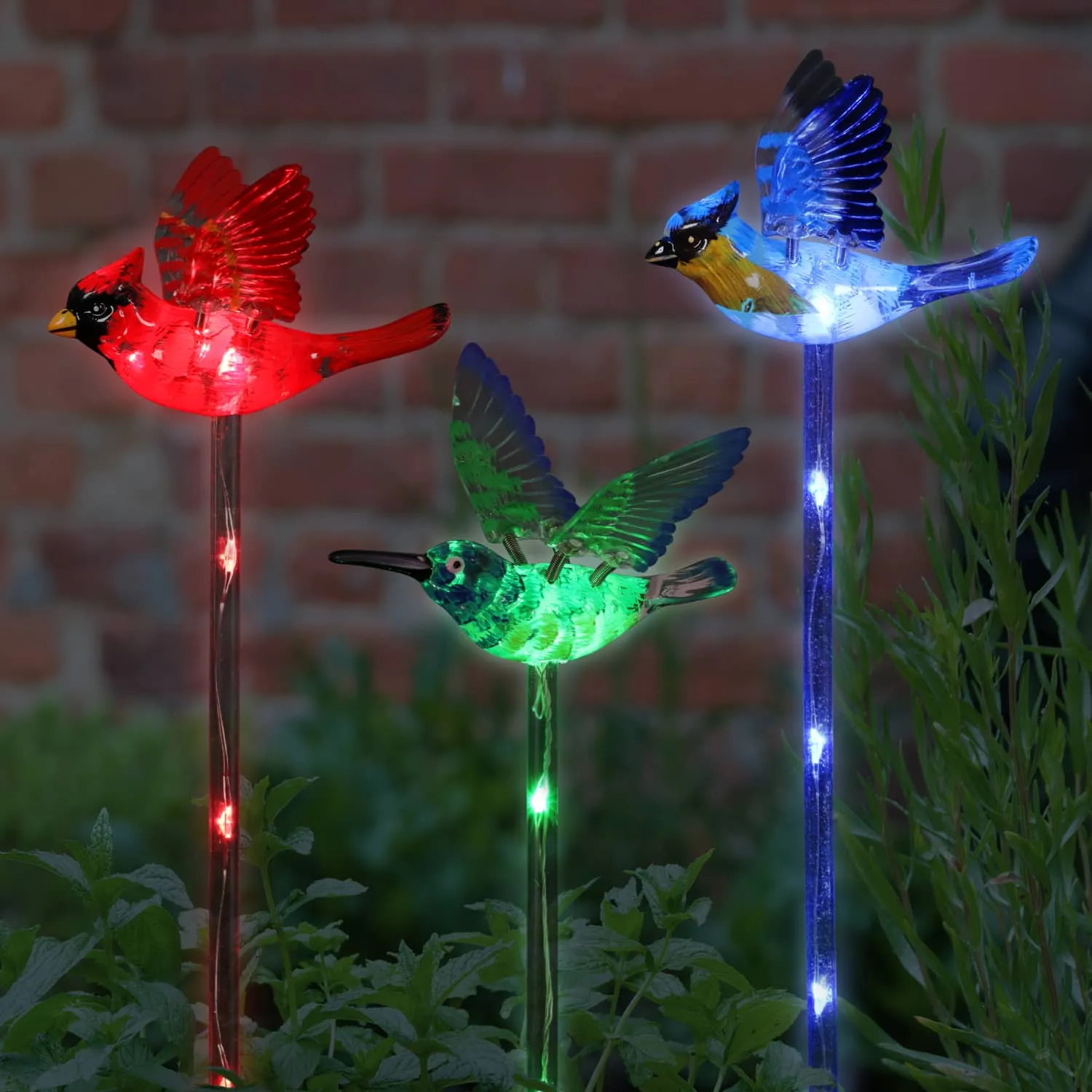Solar WindyWing Garden Stake Set of Cardinal, Hummingbird and Blue Bird with Colored LED Lights, 4 by 27 Inch