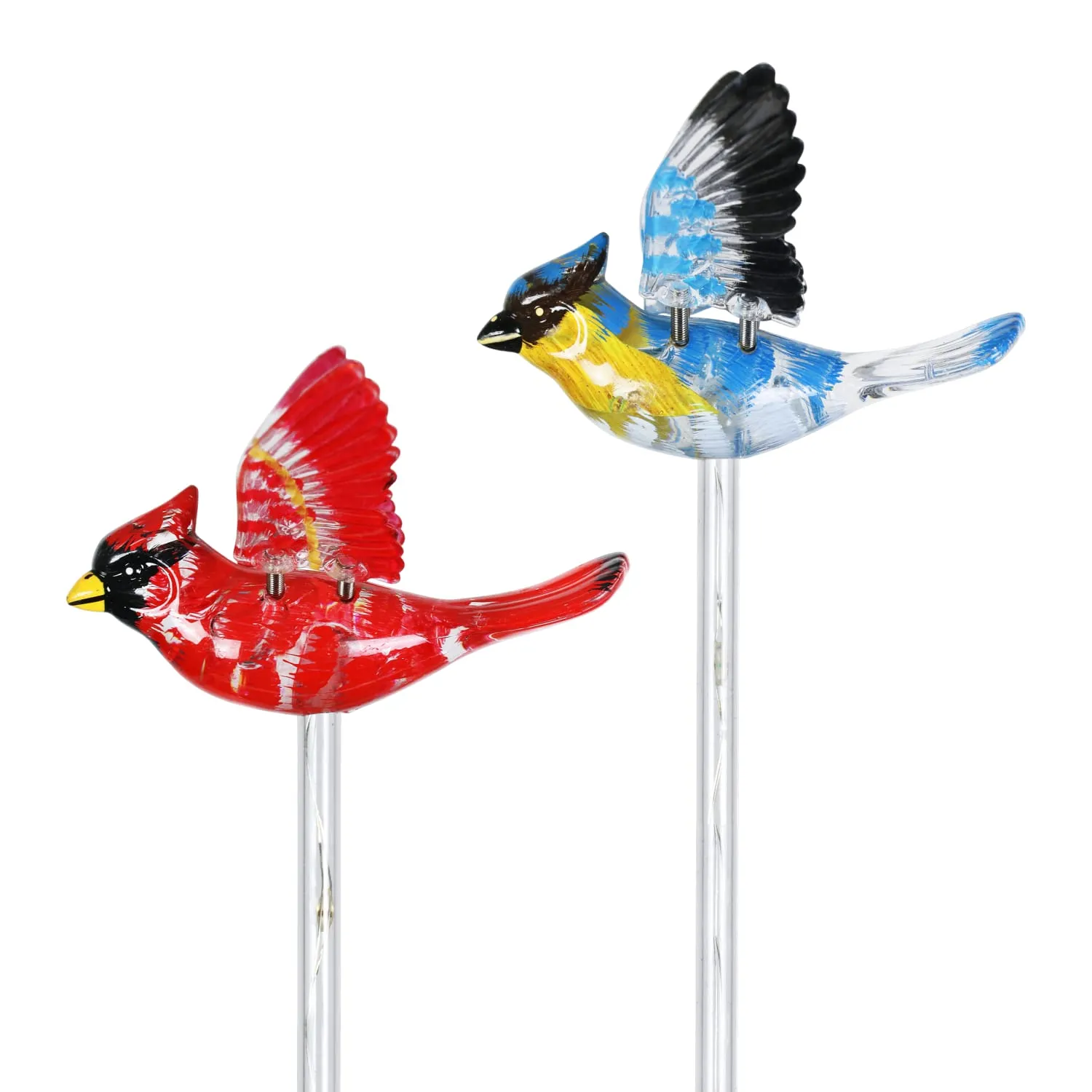 Solar WindyWing Garden Stake Set of Cardinal, Hummingbird and Blue Bird with Colored LED Lights, 4 by 27 Inch