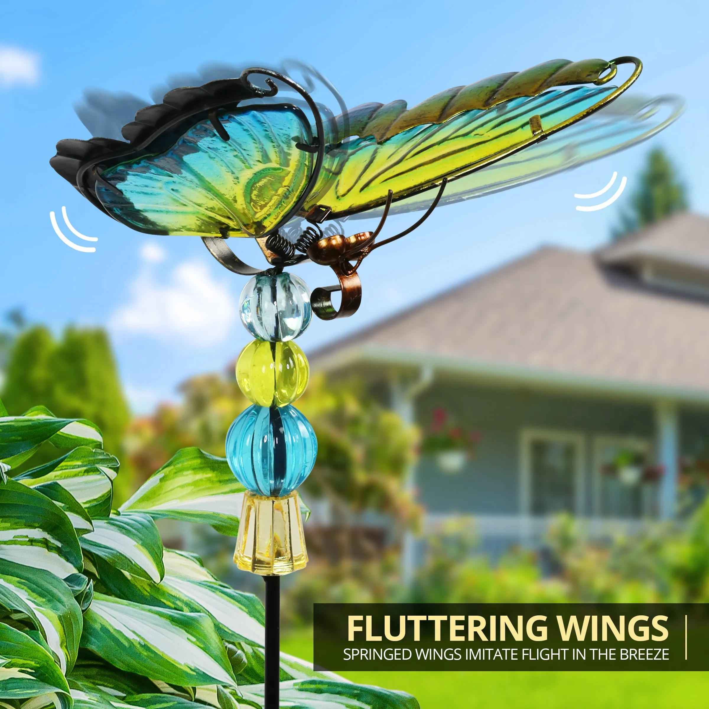 WindyWing Green Butterfly Garden Stake with Beads, Made of glass and metal with Flapping Wings