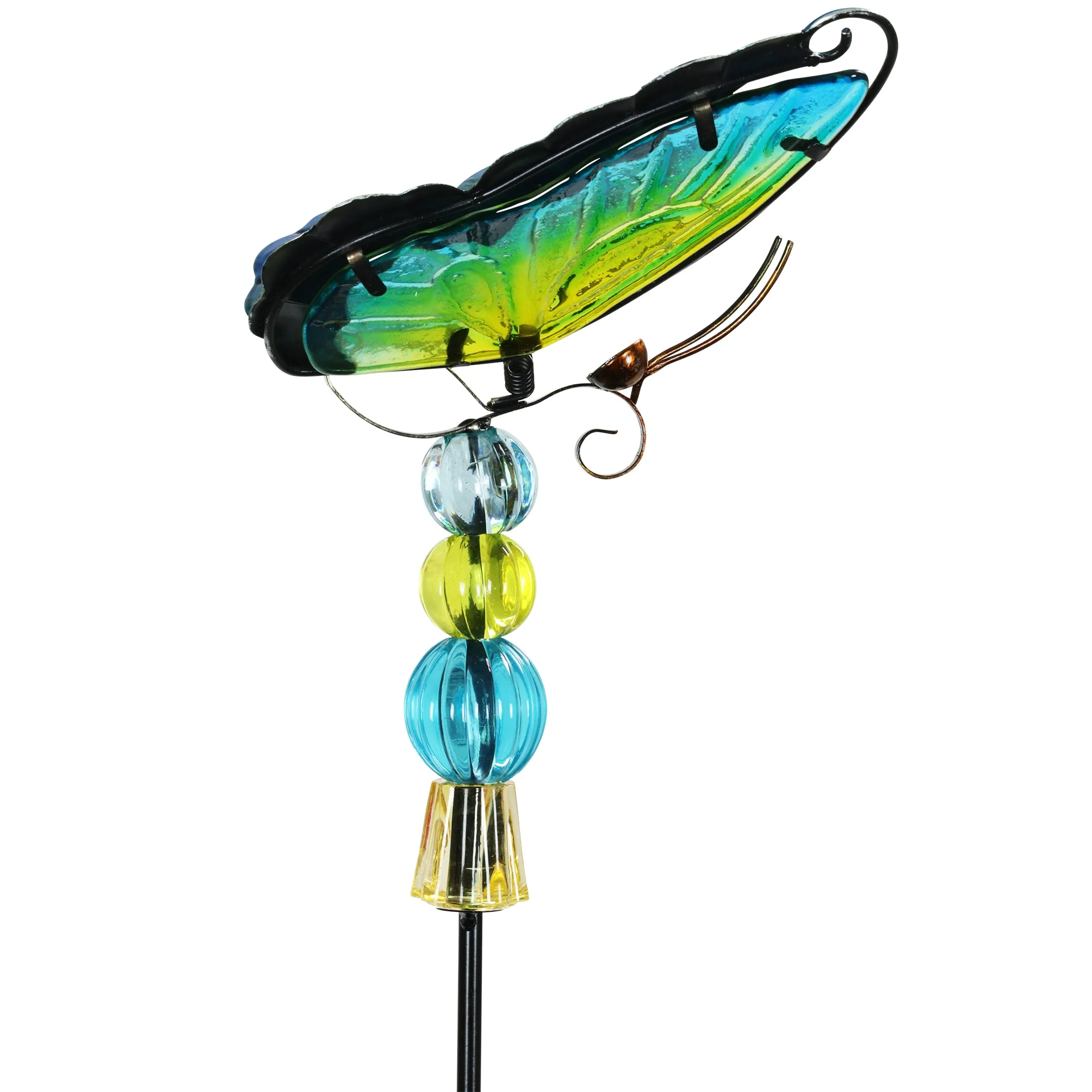 WindyWing Green Butterfly Garden Stake with Beads, Made of glass and metal with Flapping Wings