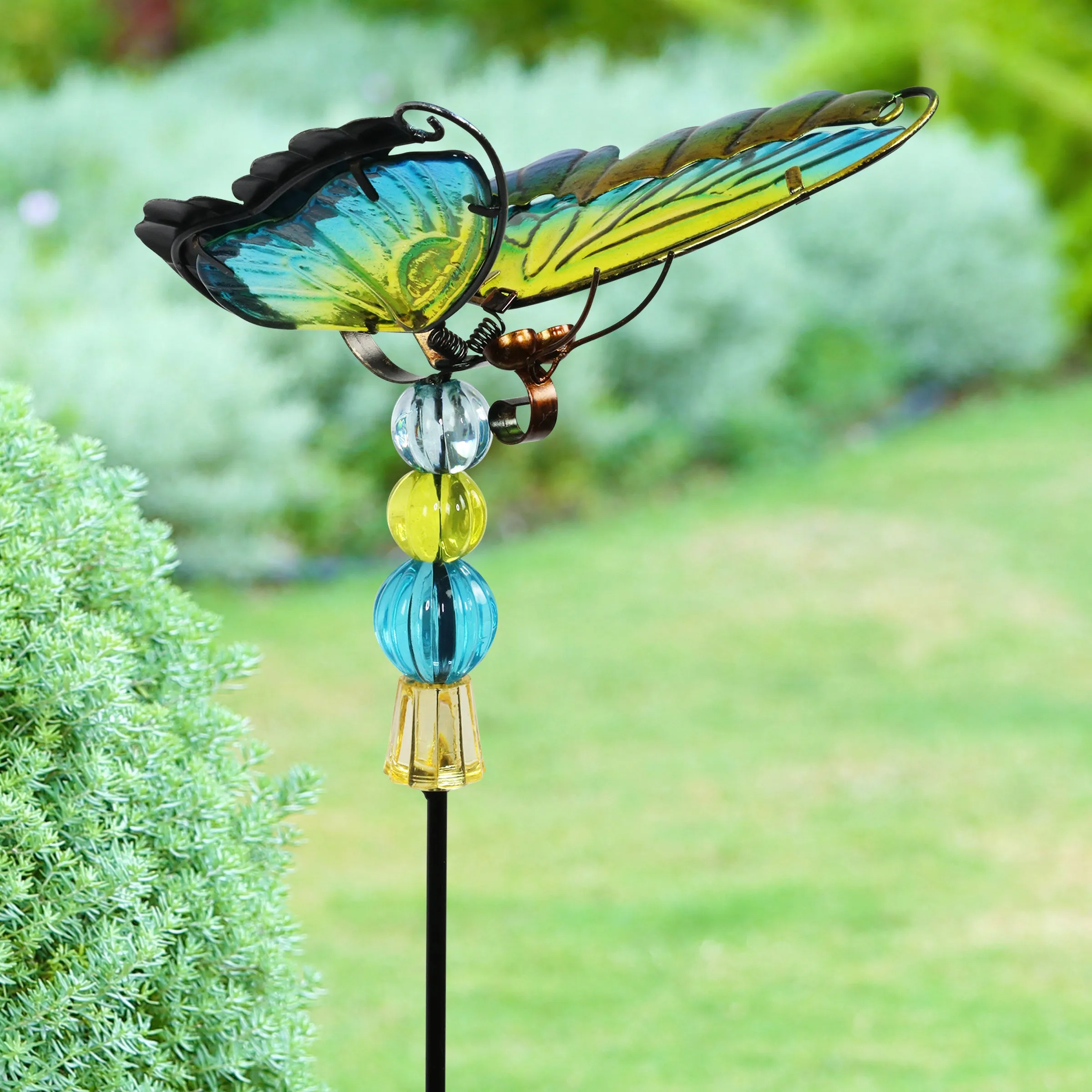 WindyWing Green Butterfly Garden Stake with Beads, Made of glass and metal with Flapping Wings